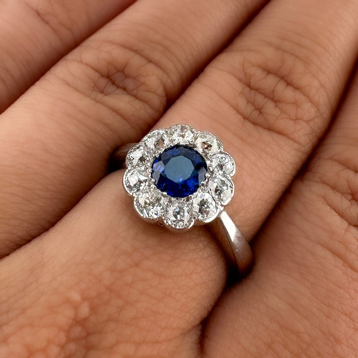 Edwardian Antique Ceylon Sapphire and Diamond Cluster Engagement Ring in Platinum