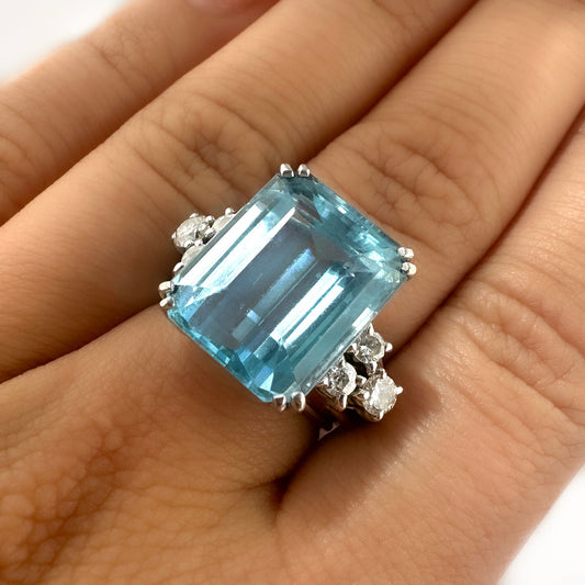 Vintage 13cts Emerald Cut Aquamarine and Diamond Cocktail Ring