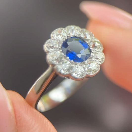 Edwardian Antique Ceylon Sapphire and Diamond Cluster Engagement Ring in Platinum