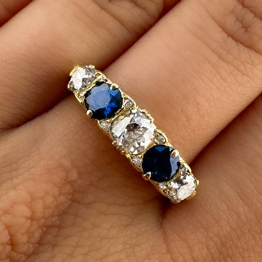 Victorian Antique No Heat Ceylon Sapphire and Old Cut Diamond Five Stone Half Hoop Ring
