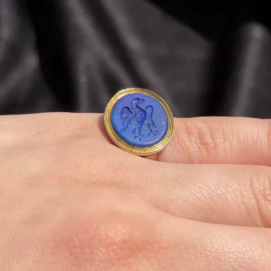 Victorian Antique Lapis Lazuli Griffin Intaglio Signet Ring