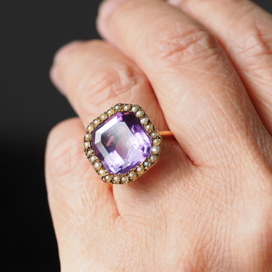 Edwardian Antique Edwardian Amethyst and Pearl Cluster Ring
