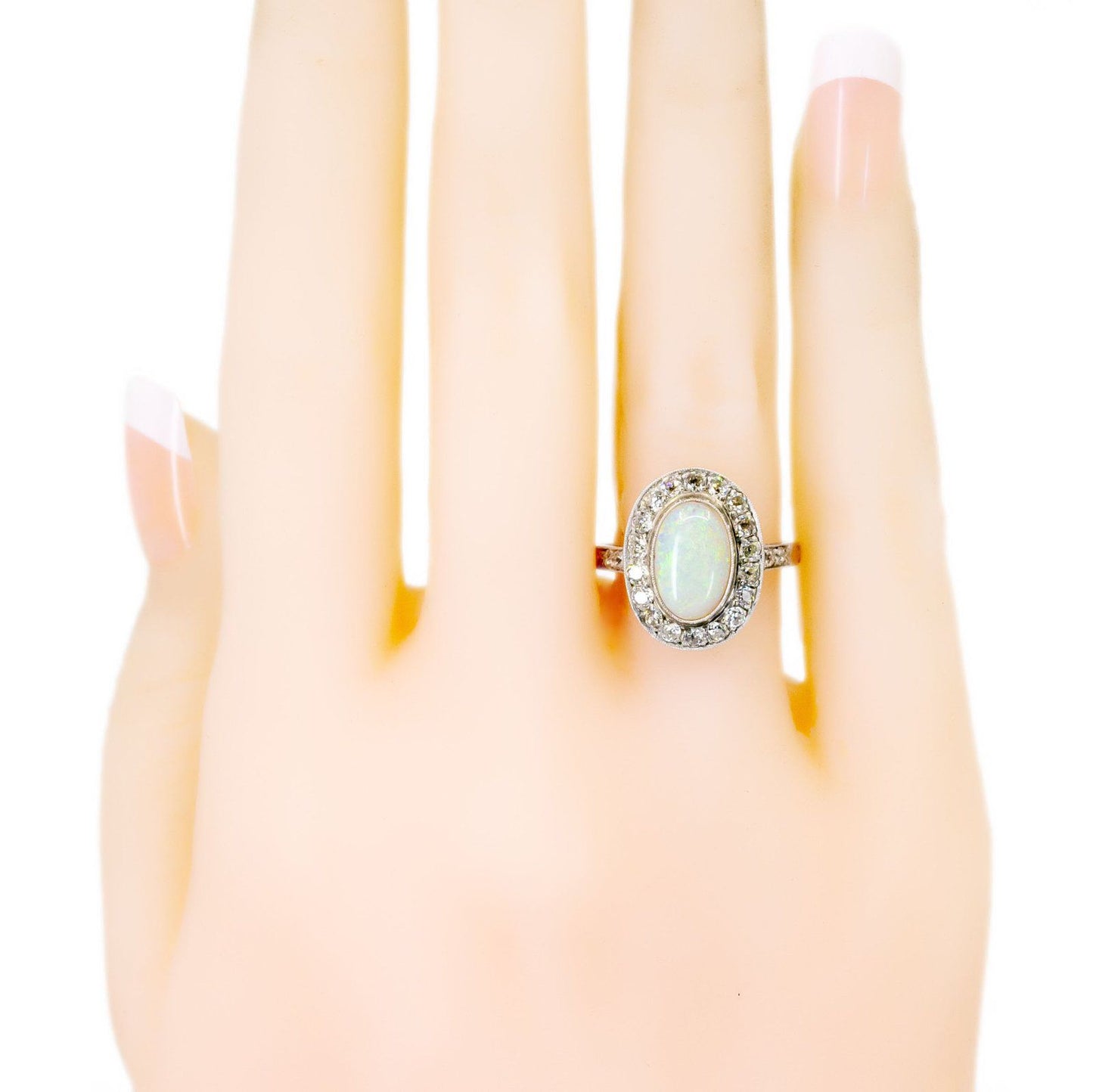 Opal and Old Mine Cut Diamond Cluster Engagement Ring in Platinum