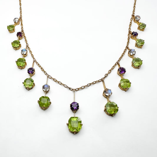 Arts and Crafts Antique Suffragette Fringe Necklace with Peridot Amethyst Moonstone