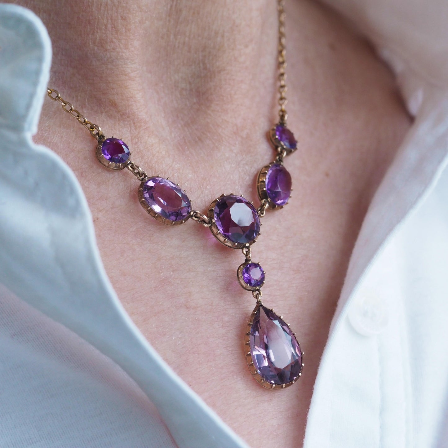 Antique Amethyst Riviere Necklace with Drop Design