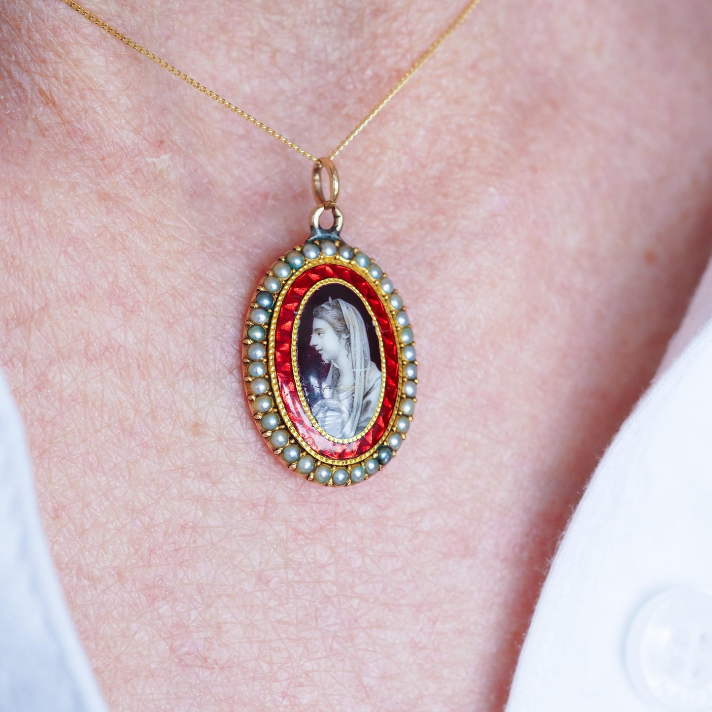 Georgian Antique Sepia Portrait Pendant Necklace with Red Enamel and Pearls, Circa 1800