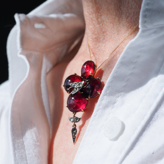 Victorian Antique Cabochon Garnet and Diamond Pendant come Brooch, Circa 1880