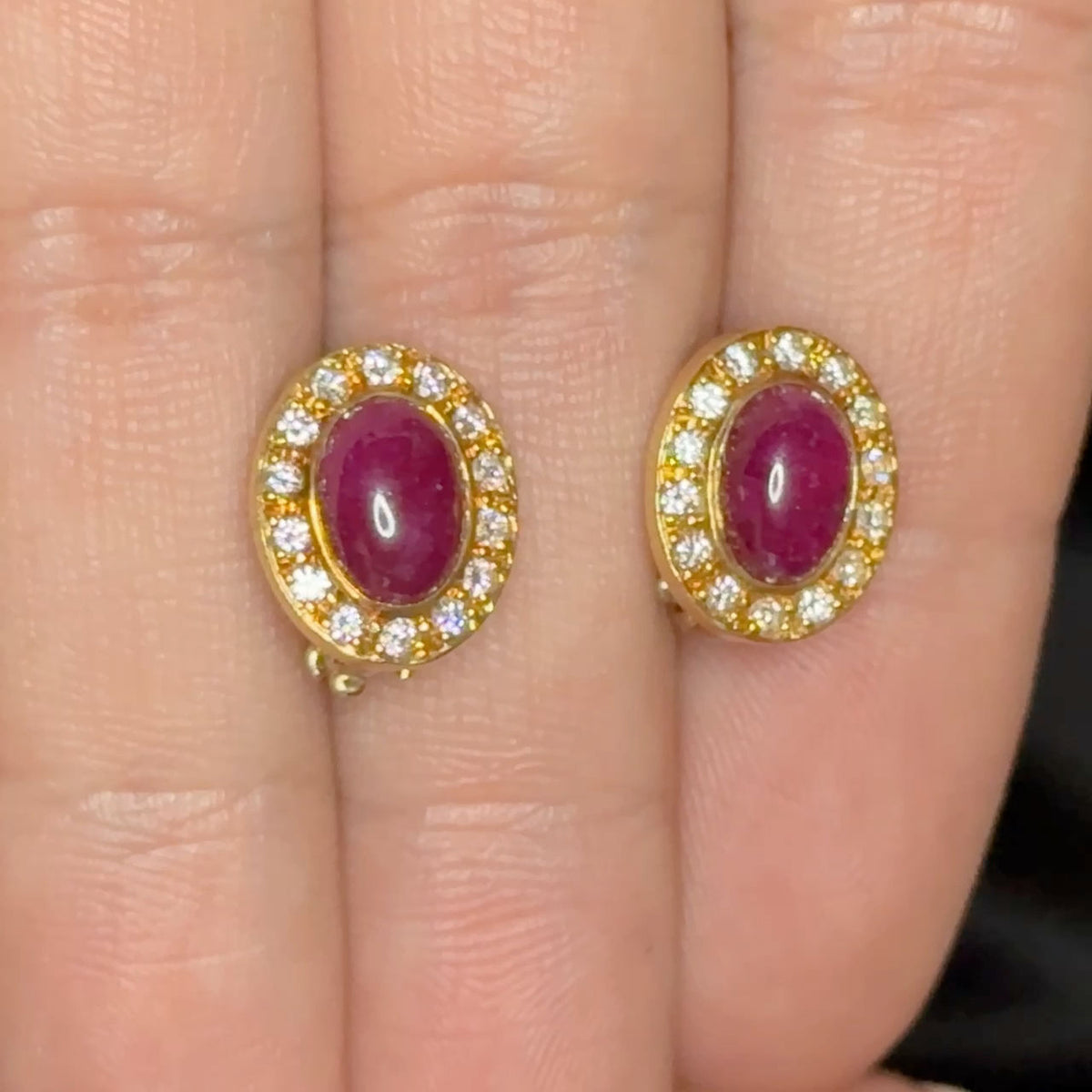 Vintage Cabochon Ruby and Diamond Oval Cluster Earrings