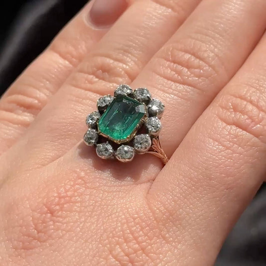 Victorian Antique Emerald and Diamond Cluster Ring