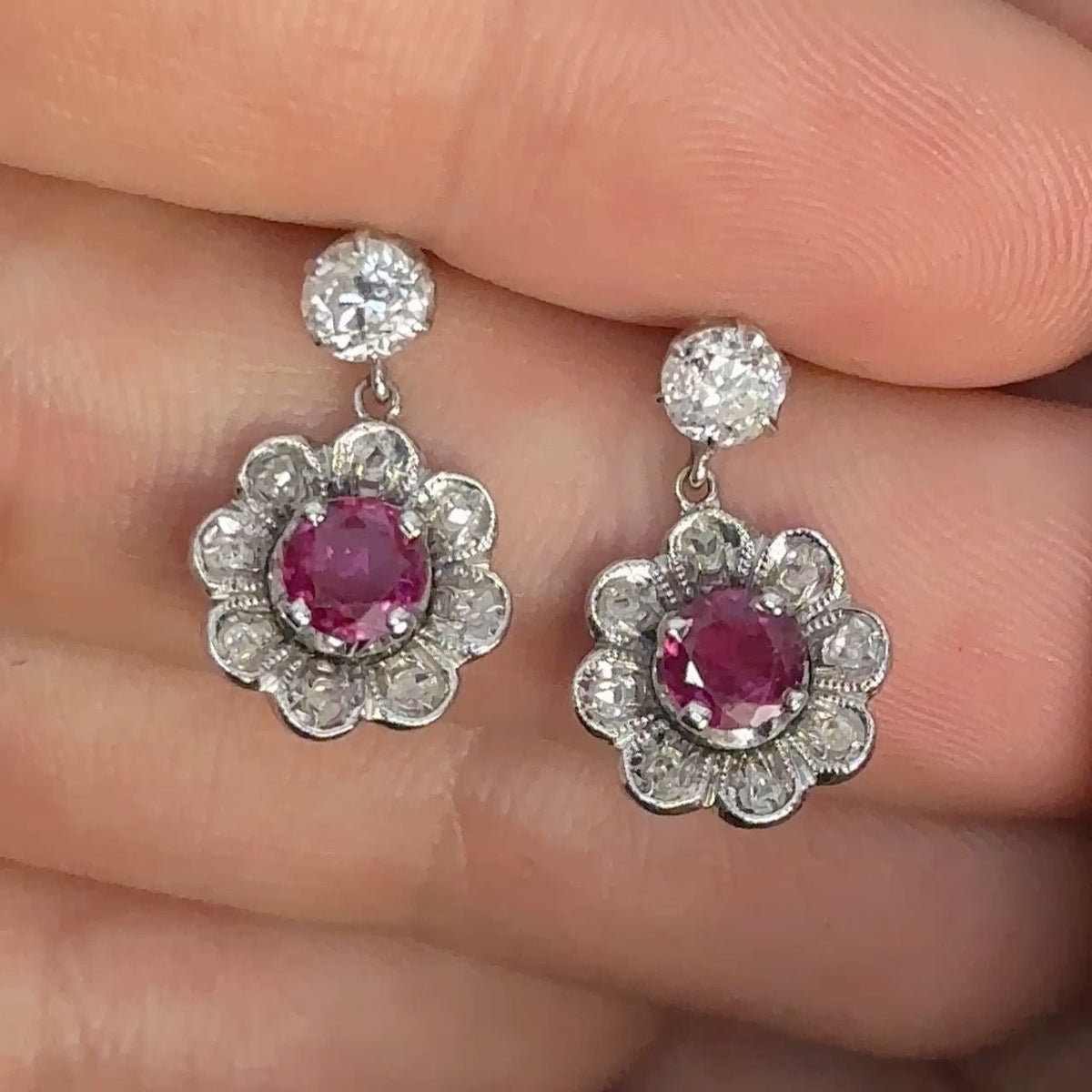 Vintage Ruby and Diamond Flower Cluster Drop Earrings