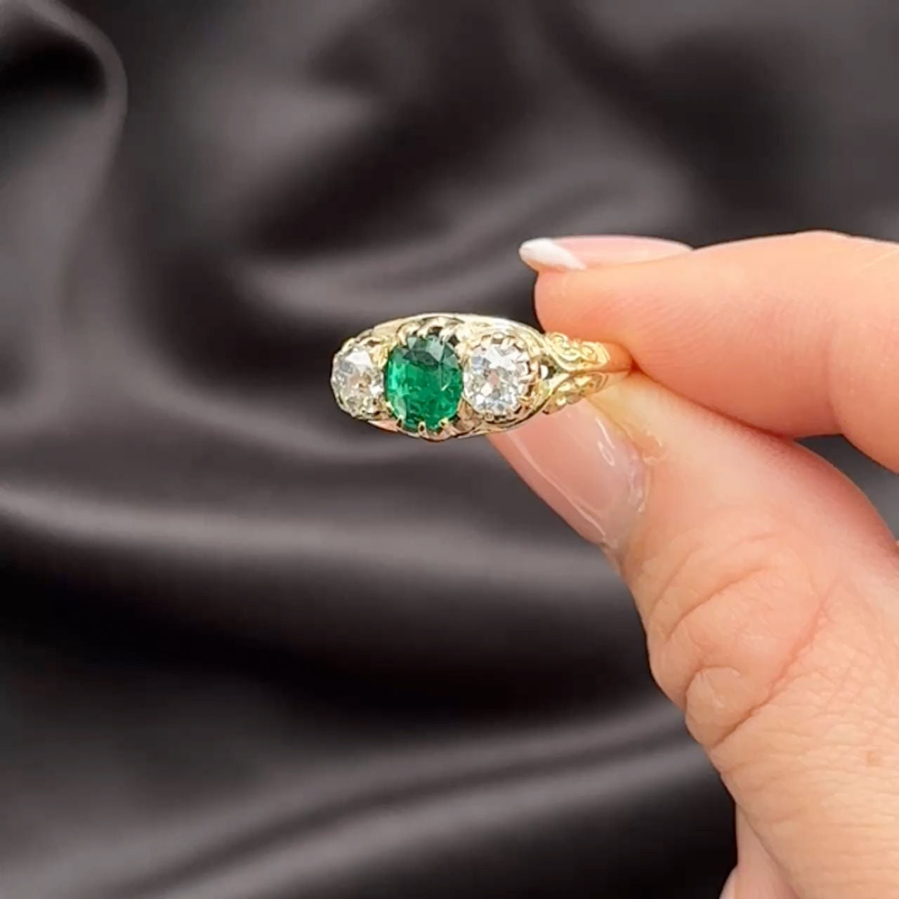 Antique Emerald Diamond 3 Stone Ring