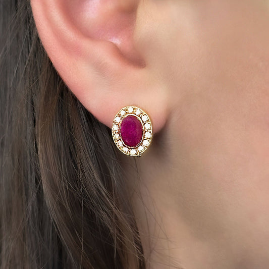 Vintage Cabochon Ruby and Diamond Oval Cluster Earrings