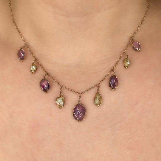 Arts and Crafts Baroque Pearl and Amethyst Drop Fringe Necklace