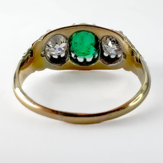 Antique Emerald Diamond 3 Stone Ring