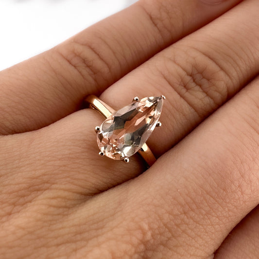 Contemporary Pear Shape Morganite Solitaire Engagement Ring in Rose Gold