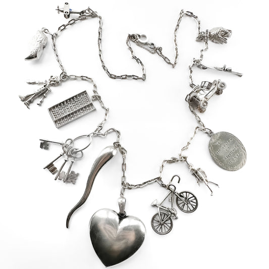 Vintage Silver 13 Charm Long Chain Necklace