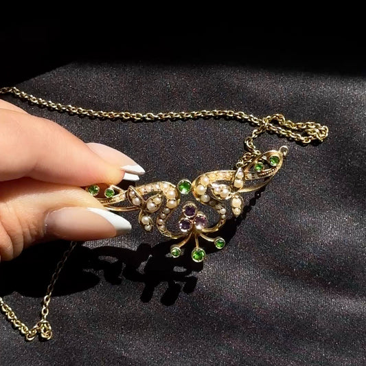 Edwardian Antique Demantoid Garnet Amethyst and Pearl Necklace in 15ct Gold