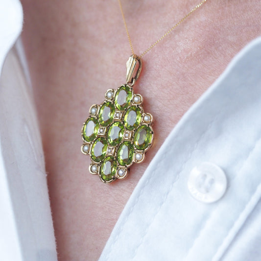 Vintage Peridot and Pearl Cluster Pendant