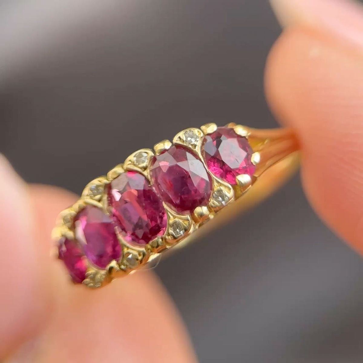 Edwardian Antique Burma Ruby Five Stone Ring in 18ct Gold