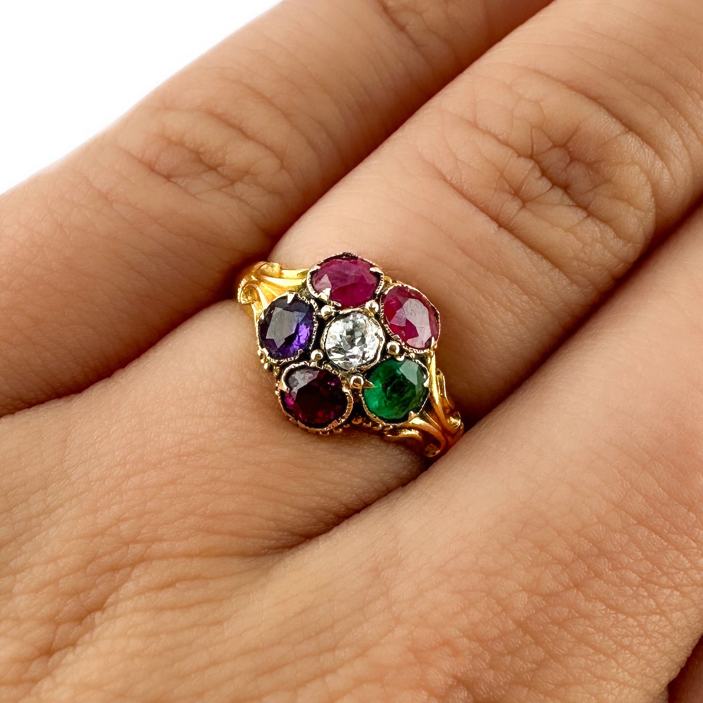 Victorian Antique 1865 REGARD Cluster Ring in 15ct Yellow Gold, 19th century