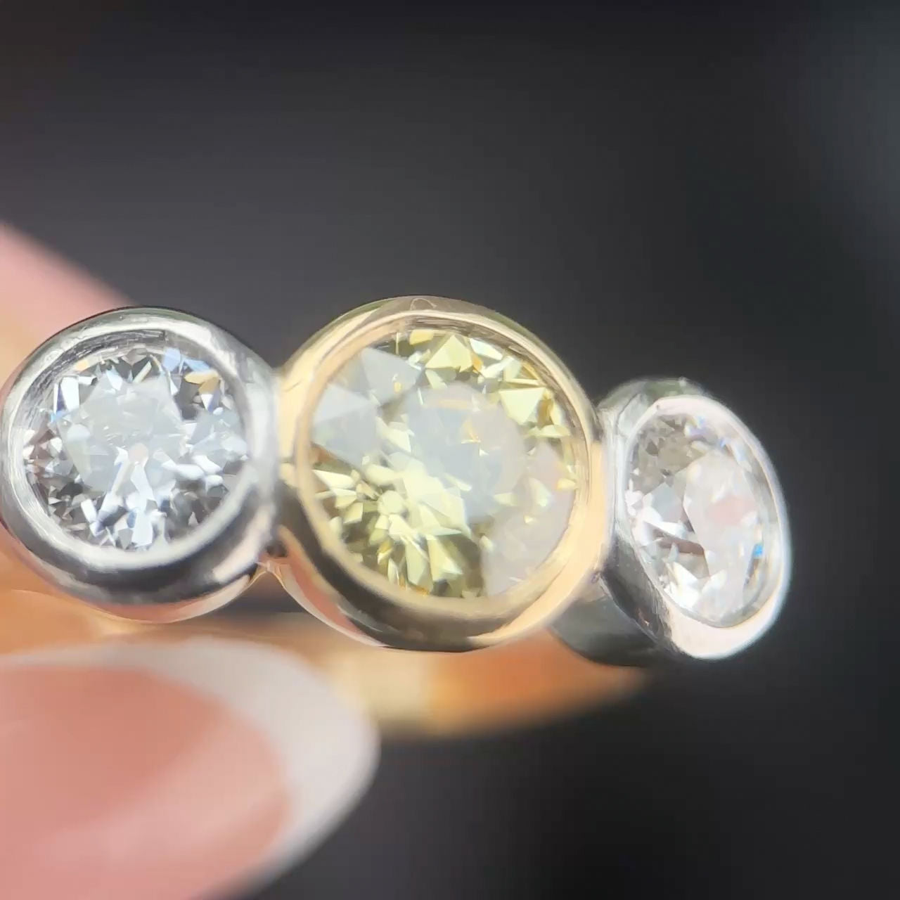 Edwardian Antique Yellow and White Diamond Three Stone Ring