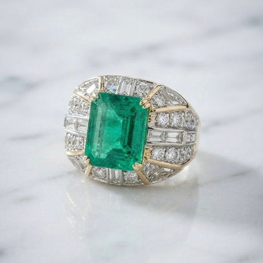 Italian Retro Colombian Emerald and 5ct Diamond Cocktail Ring