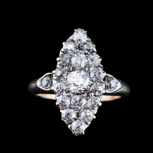 Antique Victorian Diamond Ring Navette Design Over 1 Carat Total - circa 1890