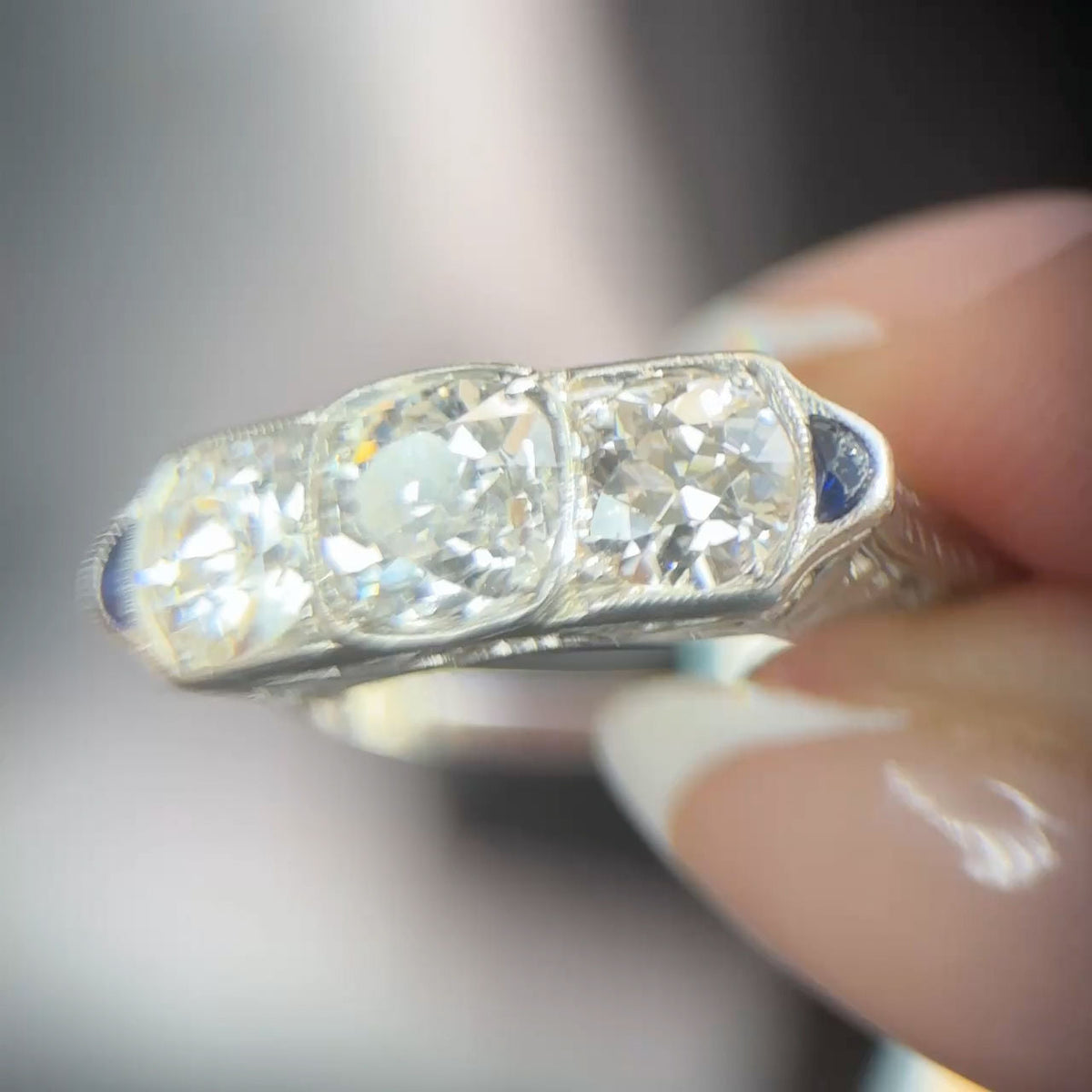 Vintage Art Deco 2.5ct Old Cut Three Stone Engagement Ring