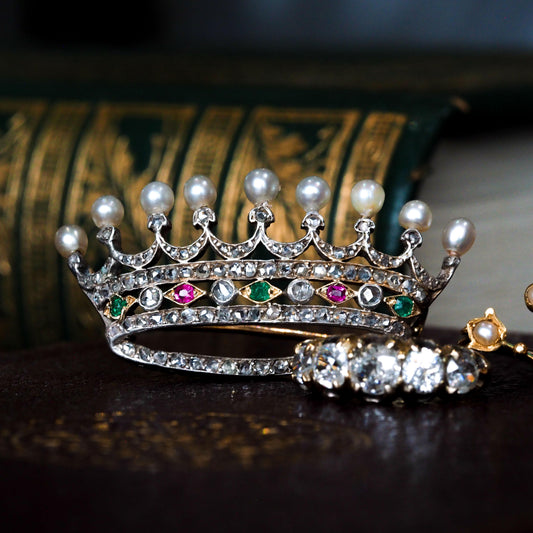 Antique French Ruby, Emerald, Diamond Pearl Crown Coronet Brooch 18K Gold c.1900