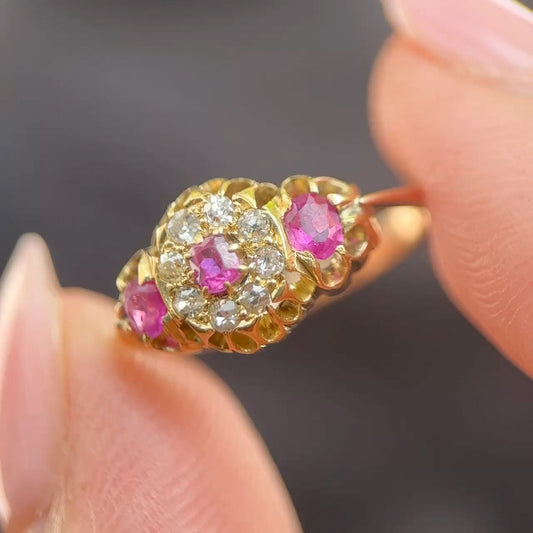 Edwardian Antique Ruby and Diamond Cluster Trilogy Engagement Ring in 9ct Gold