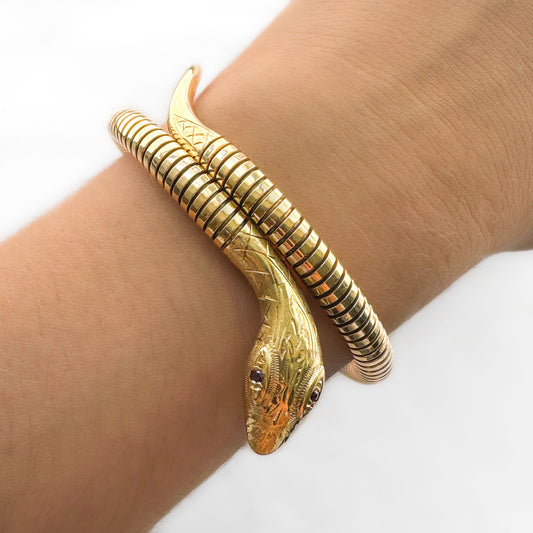 Vintage Yellow Gold Coiled Snake Bangle Bracelet, Circa 1980s