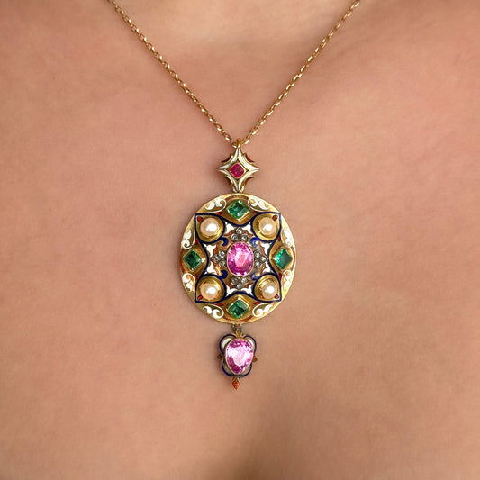 Victorian Antique Pink Sapphire Colombian Emerald Natural Pearl Enamel Holbeinesque Multi Gem Pendant