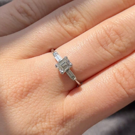 GIA Certified 1.02ct Emerald Cut Diamond and Baguette Diamond Trilogy Engagement Ring in Platinum