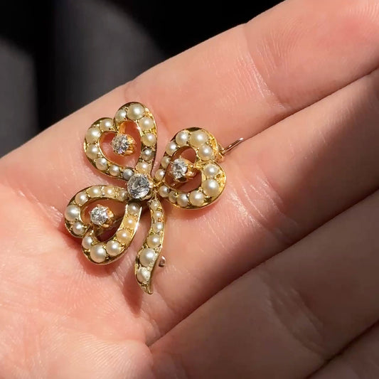 Edwardian Antique Pearl and Diamond Set 15ct Gold Clover Brooch