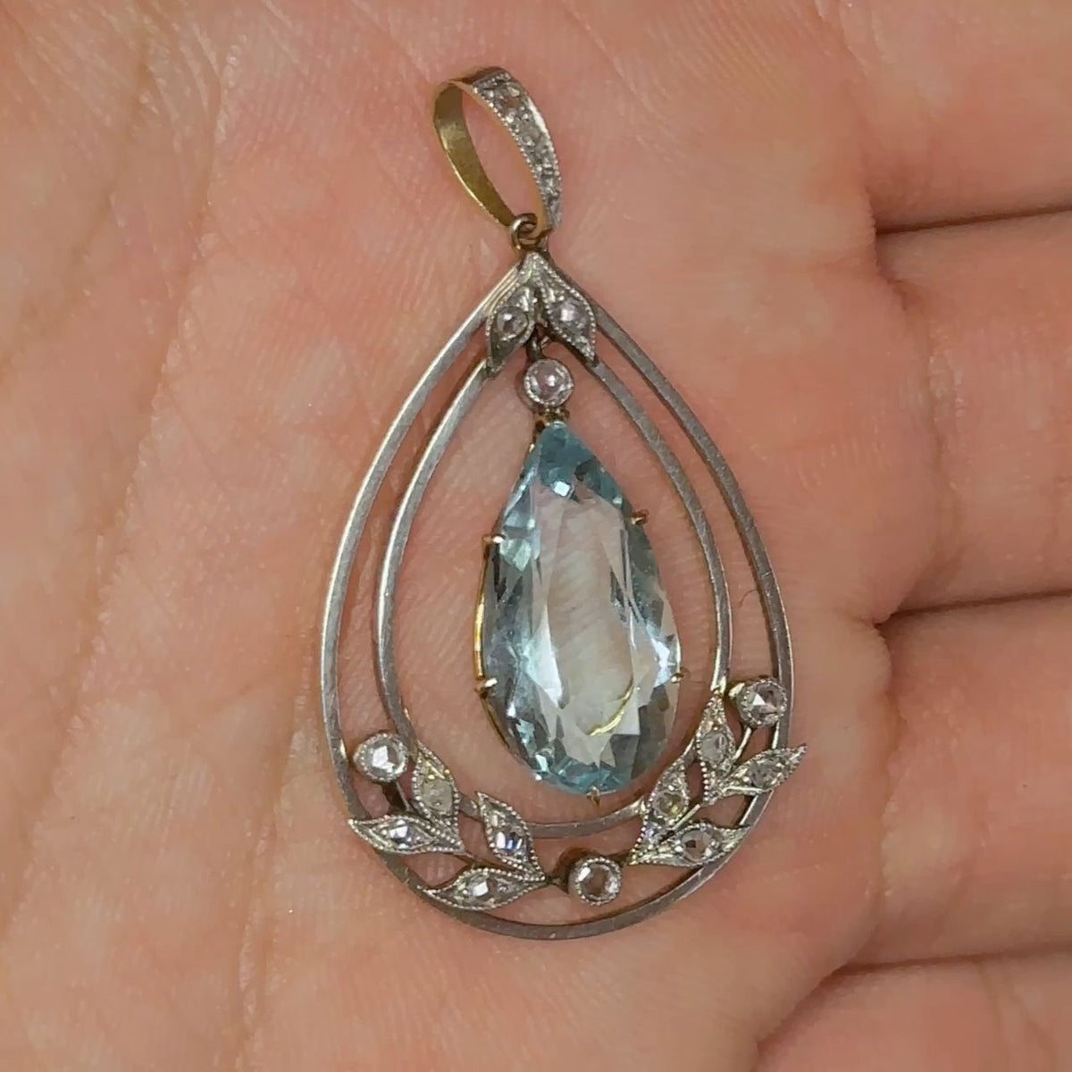 Antique Pear Drop Aquamarine Diamond Pendant
