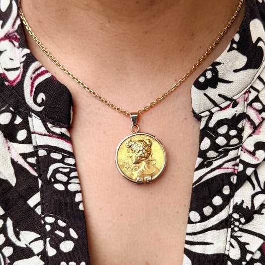 Art Nouveau Antique Gold Locket Pendant with Maiden in Relief