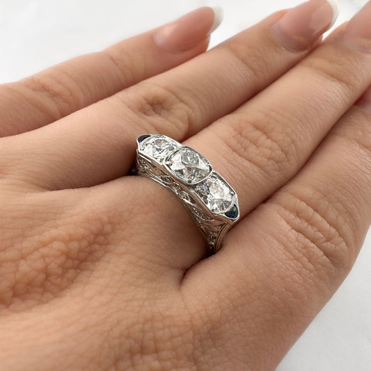 Vintage Art Deco 2.5ct Old Cut Three Stone Engagement Ring