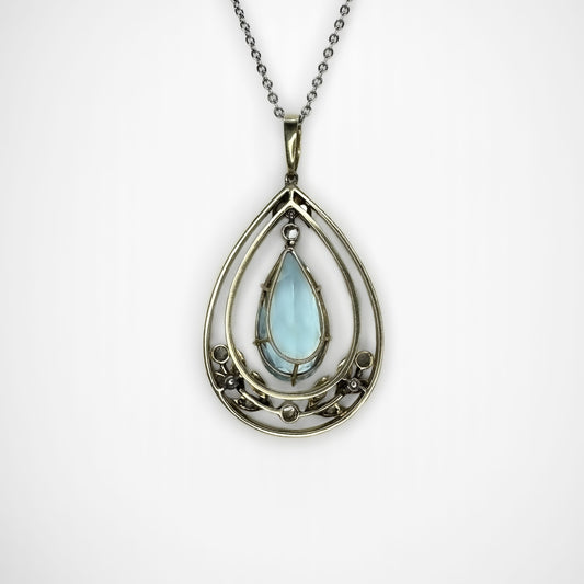 Antique Pear Drop Aquamarine Diamond Pendant