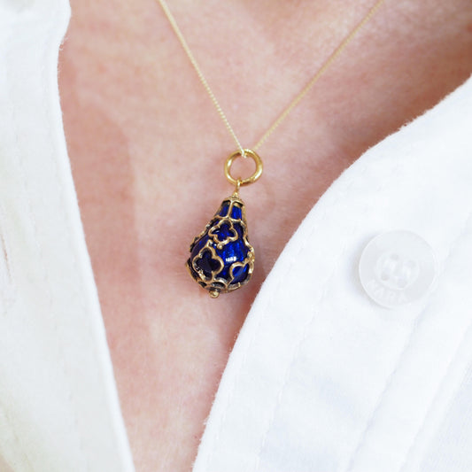 Antique Blue Enamel Guilloche Drop Pendant in 15ct Gold