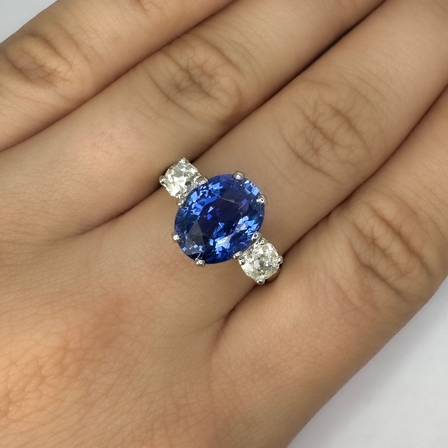 7.47 Carat Ceylon Sapphire Trilogy Ring In Platinum