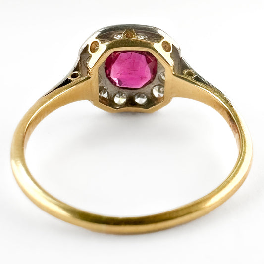 Edwardian 18 Carat Gold, Platinum, Burma Ruby and Diamond Cluster Ring, 0.80 Carat