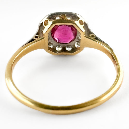 Edwardian 18 Carat Gold, Platinum, Burma Ruby and Diamond Cluster Ring, 0.80 Carat