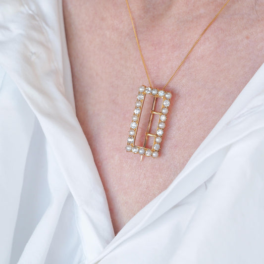 Antique Victorian Diamond Pearl Brooch/Pendant Buckle Shape 18K Gold - c.1890