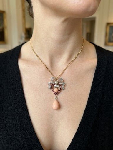 Edwardian Antique Angel Skin Coral Diamond Ruby Sweet Heart Pendant Necklace