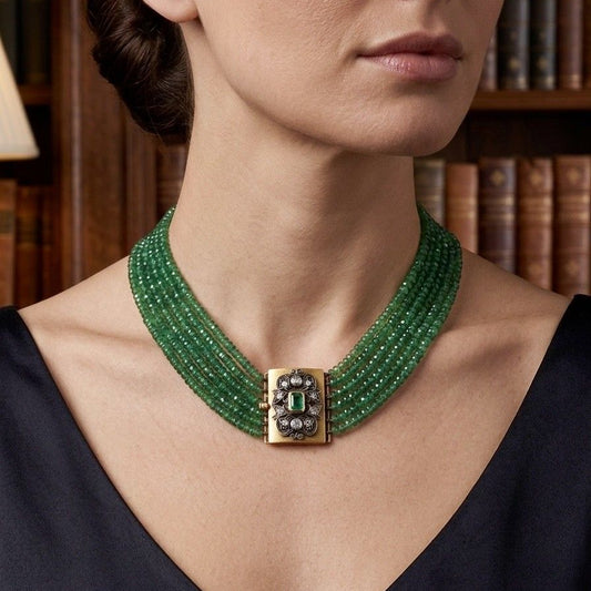 Vintage Italian 600.00 Carat Emerald Multi-strand Necklace with Precious Clasp
