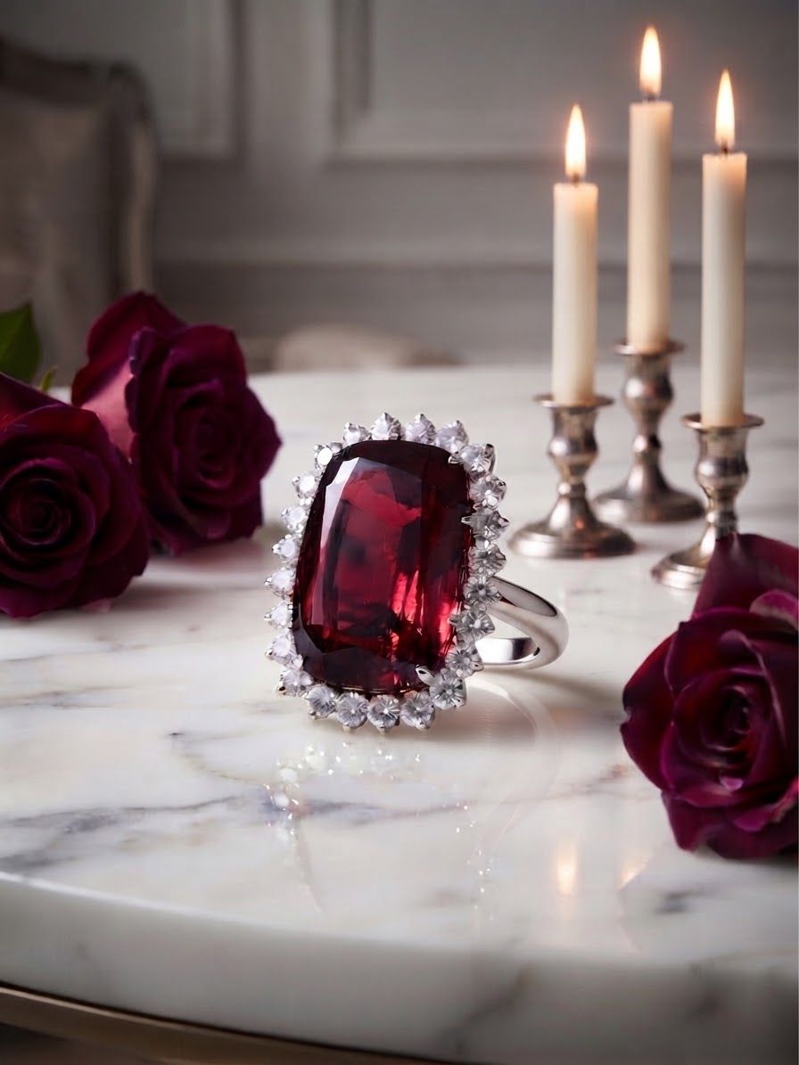 Vintage 25ct Rubellite and Diamond Cluster Cocktail Ring