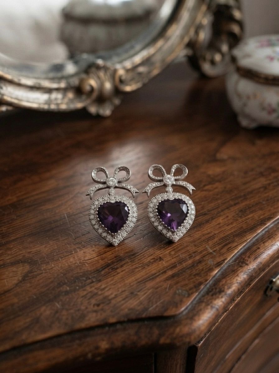 Vintage 18K White Gold Heart Amethyst & Diamond Earrings