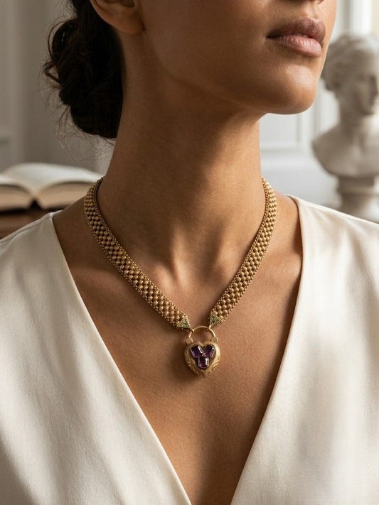 Victorian 18K Yellow Gold Garnet Heart Locket Necklace, Circa 1870/80