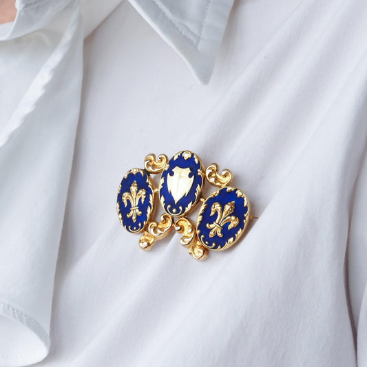 Antique Blue Enamel Fleur de Lys 18ct Gold Brooch in Triple Cartouche Design