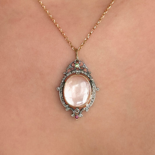 Victorian Antique Rock Crystal and Rose Cut Diamond Cluster Locket Pendant with Emerald and Ruby